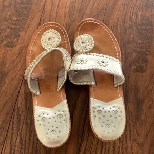 Size 5 Pewter Jack Rogers. Worn but good condition.